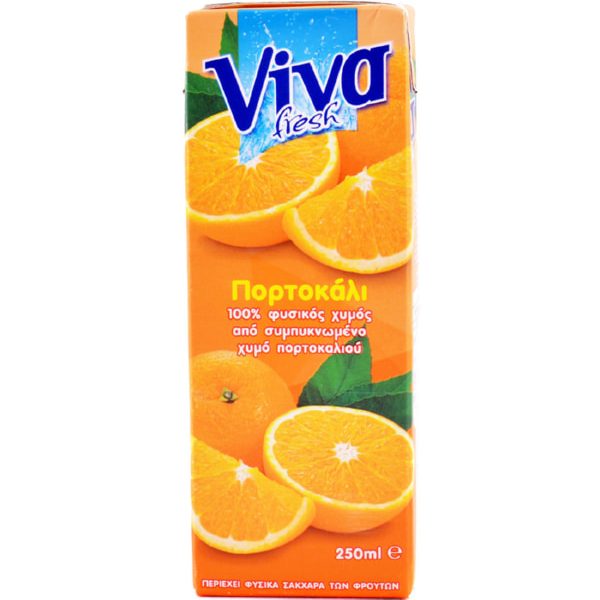 Viva fresh 100% φυσικός χυμός χωρίς ζάχαρη πορτοκάλι 250ml.